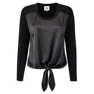 Cabi Black Mixed Media Satin Front Tie Ribbed Knit Sweater Womens Size M